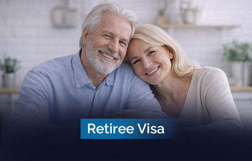 Retiree residence visa in UAE — senior couple with passport and UAE skyline